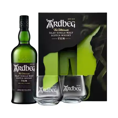 Ardbeg 10 Year Islay Single Malt Scotch with Glasses